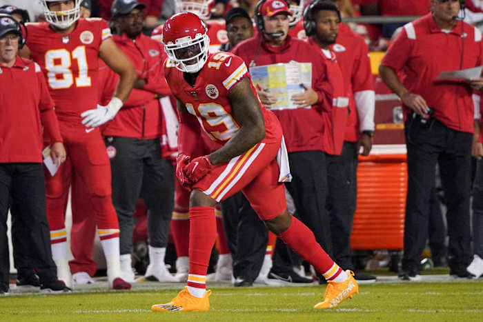 Oct 10, 2021; Kansas City, Missouri, USA; Kansas City Chiefs wide receiver Josh Gordon (19) on the line of scrimmage against the Buffalo Bills during the first half at GEHA Field at Arrowhead Stadium. Mandatory Credit: Denny Medley-USA TODAY Sports